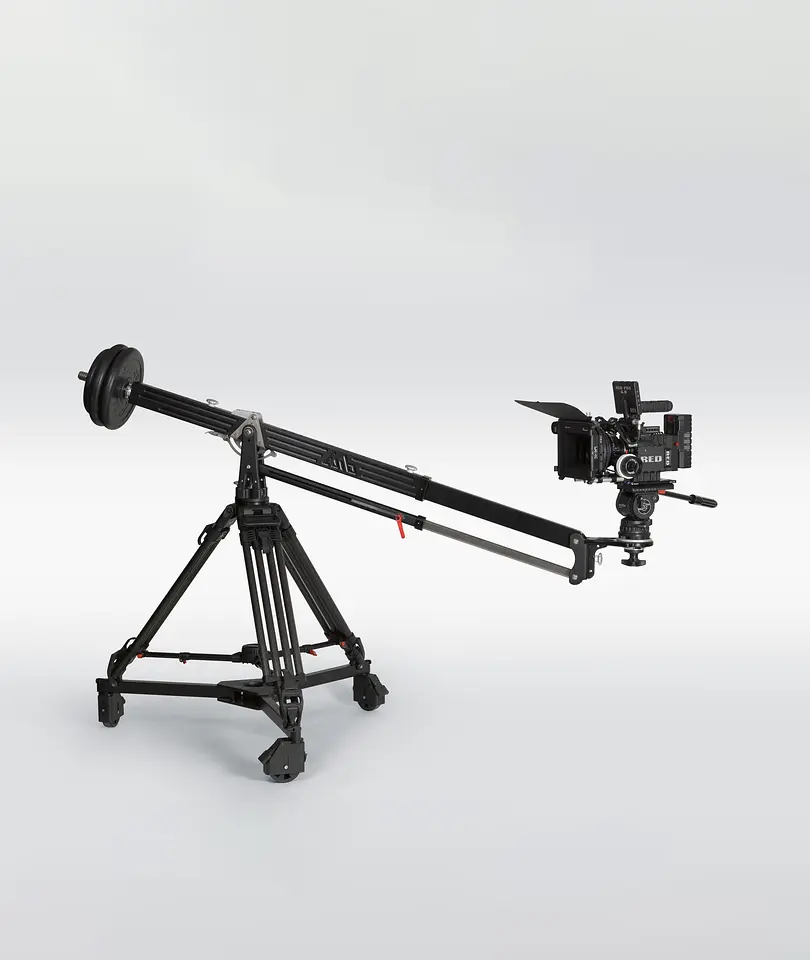 RED EPIC Mysterium-X auf dem Kamerakran mit Gegengewicht, Stativ auf Dolly im Studio