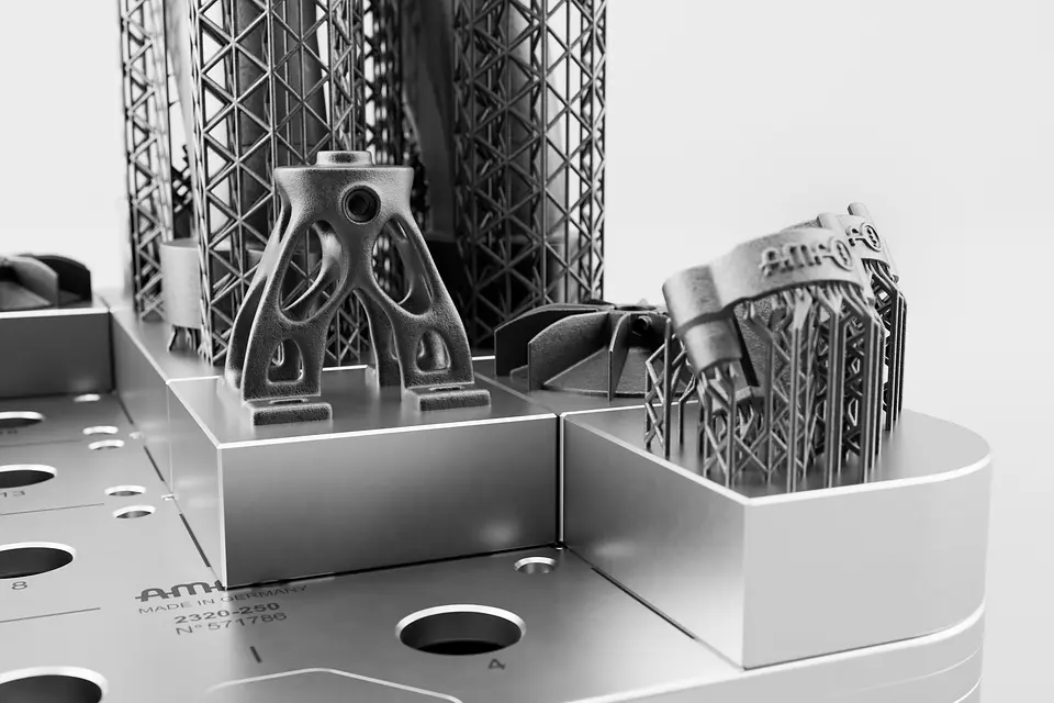Visualización 3D: sistema de sujeción de punto cero AMF con piezas de fabricación aditiva sobre el módulo de sujeción – renderizado a partir de datos CAD